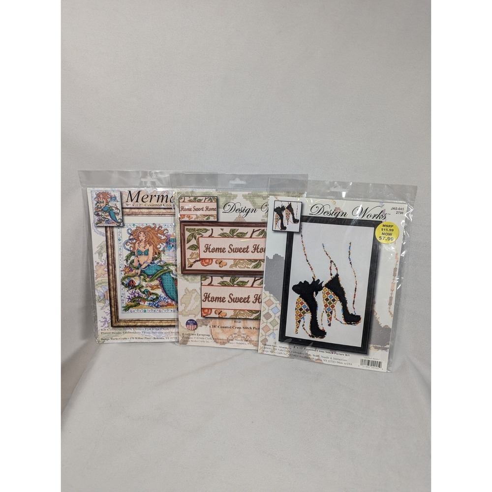 Design Works Counted Cross Stitch Kit Lot Of 3 Mermaid, Shoes, Home Sweet Home.